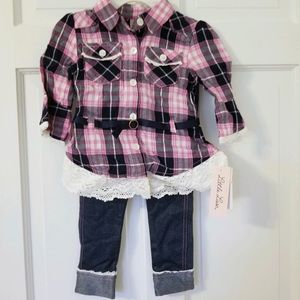 Little lass pink plaid long sleeve outfit NWT